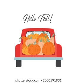 Pumpkins in a red pickup truck. Harvest festival. Hello Fall postcard. Flat style illustration of autumn vegetables crop in a car
