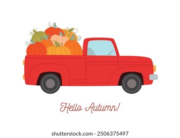 Pumpkins in a red pickup truck. Harvest festival. Hello Autumn postcard. Flat style illustration of autumn vegetables crop in a car