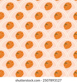 Pumpkins scallop seamless pattern. Stylized ripe vegetable arch repeat background. Autumn retro endless design. Vector hand drawn illustration.