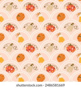 Pumpkins scallop seamless pattern. Textured stylized halloween ripe vegetable arch repeat background. Autumn retro endless design. Vector hand drawn illustration.