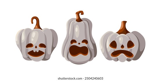 Pumpkins with scary carved faces objects flat color vector icon set. Halloween holiday celebration with jack o lanterns illustrations on white