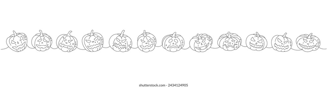Las calabazas dan miedo. Calabazas de otoño con caras de miedo una línea de dibujo continuo. Ilustración continua de una línea de verduras de halloween de otoño.