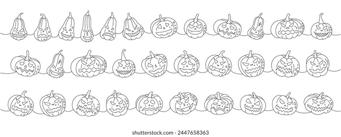 Pumpkins with scary faces. Autumn pumpkins faces one line continuous drawing. Autumn halloween vegetables continuous one line illustration.