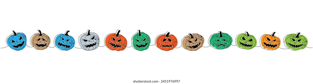 Pumpkins scary faces. Autumn pumpkins with scary faces one line colored continuous drawing. Halloween vegetables continuous one line illustration.