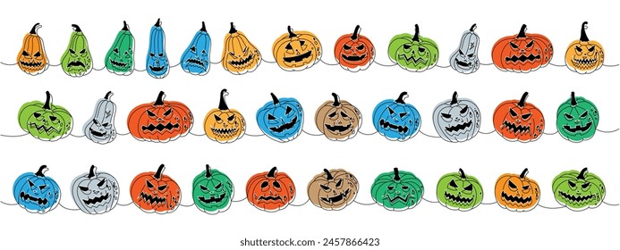 Pumpkins with scary faces. Autumn pumpkins faces one line colored continuous drawing. Autumn halloween vegetables continuous one line illustration.