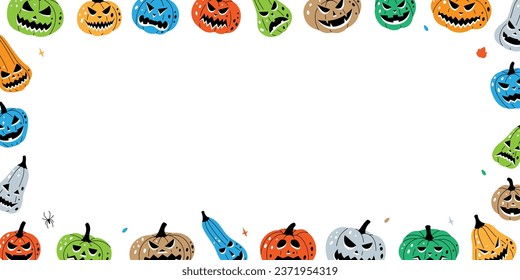 Pumpkins with scary faces in horizontal banner. Halloween pumpkins faces line background. Autumn halloween pumpkins. Vector illustration.