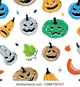 Pumpkins with scary faces pattern. Autumn pumpkins faces seamless banner. Autumn halloween vegetables background. Vector illustration.