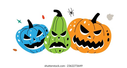 Pumpkins scary faces set. Autumn halloween pumpkins faces. Autumn halloween vegetables. Vector illustration.