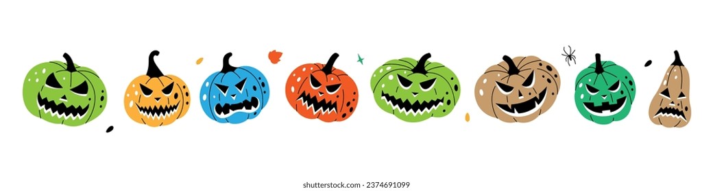 Pumpkins with scary faces set. Autumn halloween pumpkins faces. Autumn halloween vegetables. Vector illustration.