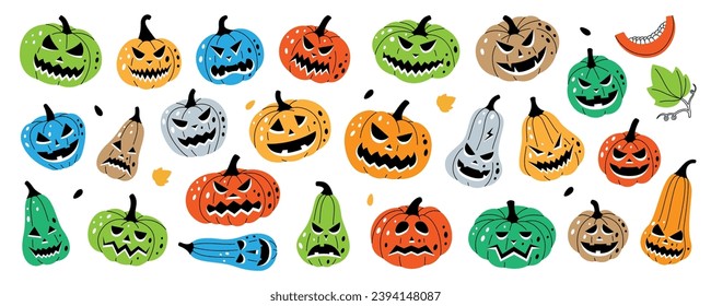Pumpkins with scary faces set. Autumn halloween pumpkins faces. Autumn halloween vegetables. Vector illustration.