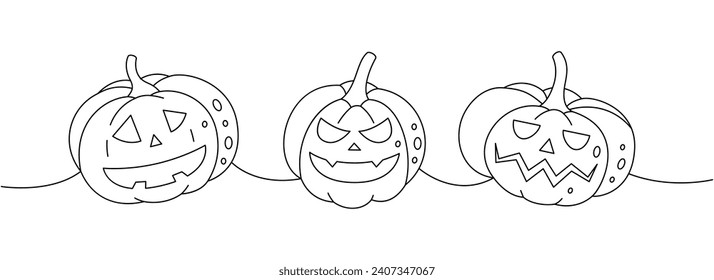 Pumpkins scary faces set. Autumn halloween pumpkins faces one line continuous drawing. Autumn halloween vegetables continuous one line illustration.