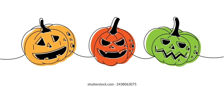 Calabazas caras de miedo conjunto. Las calabazas de halloween de otoño se enfrentan a una línea de dibujo continuo de color. Ilustración continua de una línea de verduras de Halloween.