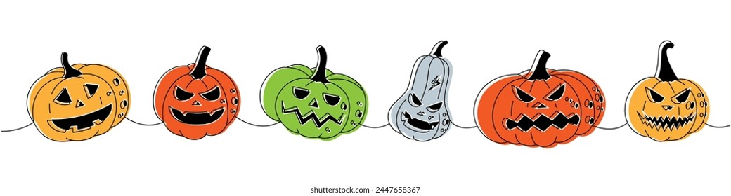 Calabazas caras de miedo conjunto. Las calabazas de halloween de otoño se enfrentan a una línea de dibujo continuo de color. Ilustración continua de una línea de verduras de Halloween.