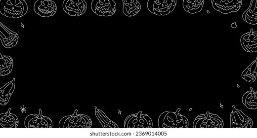 Calabazas con caras de miedo puestas. Las calabazas de Halloween se enfrentan a un cartel horizontal. Calabazas de halloween de otoño. Ilustración vectorial.