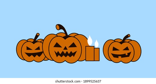 Pumpkins are scary for Halloween with candles on a blue background.