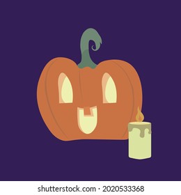 Pumpkins are scary for Halloween with candles on a purple background.Halloween vector icon. Happy orange oval pumpkin with   candle 