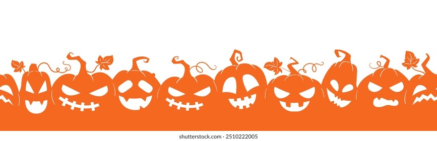 Pumpkins seamless background. Halloween spooky squash lanterns silhouettes, scary jack-o-lanterns halloween flat vector illustration. Halloween holiday party endless design