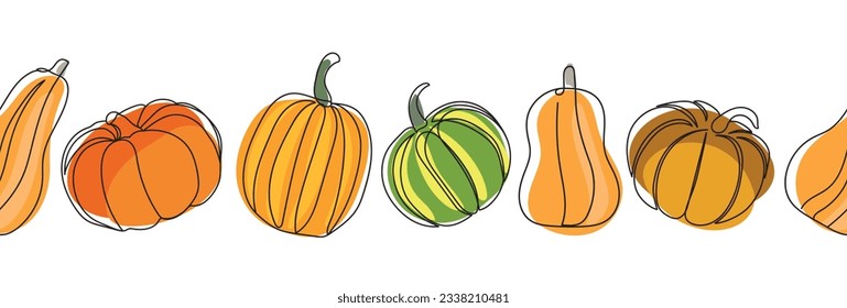 Pumpkins seamless border. Different types of pumpkins seamless banner. Continuous line drawing pumpkins. Autumn pumpkin line art set. Happy harvest. Minimalist art