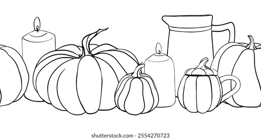 Pumpkins seamless border. Hand draw Sketch pen and ink vintage vector illustration on white background. Contour Linear drawing fall pumpkin composition and Wheat Ears in the Jug for designs