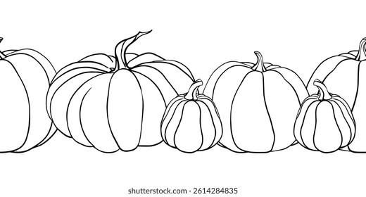 Pumpkins seamless border. Hand draw Sketch pen and ink vintage vector illustration on white background. Contour Linear drawing fall vegetables. Engraving for designs fall harvest and Thanksgiving day