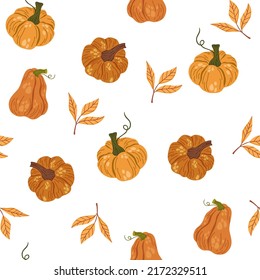 Pumpkins seamless pattern. Autumn, fall, thanksgiving and halloween decoration.  Pumpkin shapes with leaves, half and slices. Perfect for texture for fabric, textile, wrapping paper, wallpaper. Vector