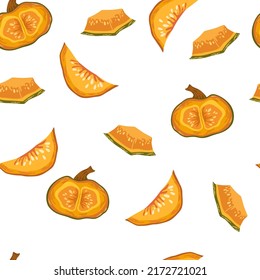Pumpkins seamless pattern. Autumn, fall, thanksgiving and halloween decoration.  Pumpkin shapes with leaves, half and slices. Perfect for texture for fabric, textile, wrapping paper, wallpaper. Vector