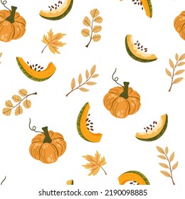 Pumpkins seamless pattern. Autumn, fall, thanksgiving and halloween decoration.  Pumpkin shapes with leaves, half and slices. Perfect for texture for fabric, textile, wrapping paper, wallpaper. Vector