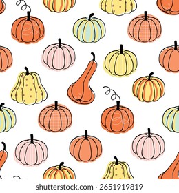 Pumpkins seamless pattern. Autumn print with doodle elements. Various vegetables with outlines and textures. Orange, yellow, pink, blue colors on white background. Vector design for textile, wallpaper