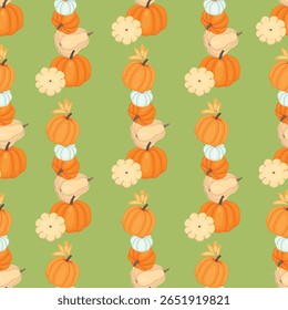Calabazas sin patrón. Impresión de otoño con verduras apiladas en una pila. Objetos de dibujos animados de varias Formas y colores. Naranja, azul, beige y amarillo sobre fondo verde. Diseño de Vector para textil.