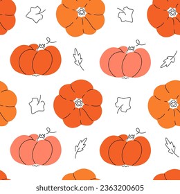 Pumpkins seamless pattern. Doodle autumn harvest and leaves modern print design. Vector endless background for wrapping, cards and textile.