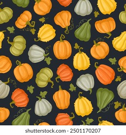 Pumpkins seamless pattern. Halloween autumn harvest vegetables endless design, thanksgiving or Halloween pumpkins decorations flat vector background illustration. Orange squash pattern