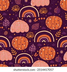 Pumpkins seamless pattern. Halloween autumn harvest vegetables endless design, thanksgiving or Halloween pumpkins decorations flat vector background illustration. Orange squash pattern