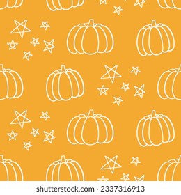 Pumpkins Seamless Pattern Hand Drawn Cute Doodle Background. Vector repeat background texture with doodles, wallpaper print