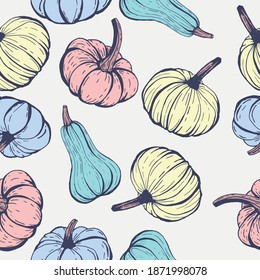 Pumpkins seamless pattern, hand-drawn vector illustration.