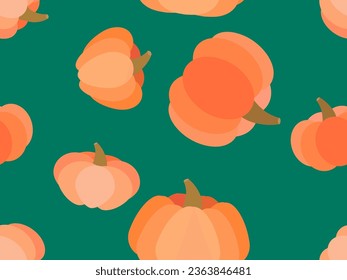 Calabazas sin fisuras en un fondo verde. Calabazas naranjas para el Día de Acción de Gracias y Halloween. Elemento de diseño tradicional de otoño para carteles, afiches y artículos promocionales. Ilustración del vector