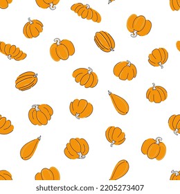 Pumpkins seamless pattern on white background vector illustration. Hand drawn vegetables in different shapes and sizes with black and white outline. Flat doodle style 