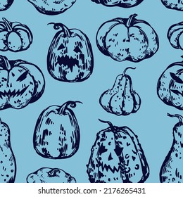 Pumpkins seamless pattern. Ornament of halloween theme, lantern jack. Vector illustration in retro style. Abstract design for spooky decor, wallpaper, background.