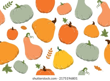 Pumpkins seamless pattern. Repeating image for printing on paper. Vegetables and autumn harvest. Natural, fresh and organic products. Agricultural design element. Cartoon flat vector illustration