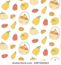 Pumpkins seamless pattern. Stylized autumn harvesting basket repeat background. Vector line art flat illustration.