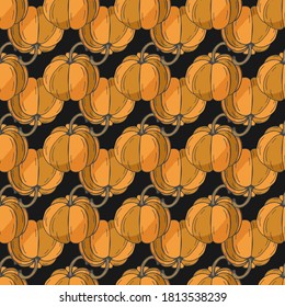 Pumpkins seamless pattern. Thanksgiving background with orange pumpkins on the dark. Vegetable background. Vector illustration.
