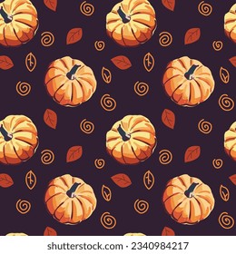 Pumpkins seamless pattern. Violet background. Cozy autumn background. Vector. Perfect for creating autumn-themed designs, suitable for various projects like textiles, paper crafts, and more