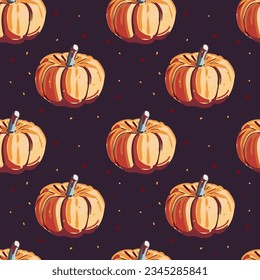 Pumpkins seamless pattern. Violet background. Cozy autumn background. Vector. Perfect for creating autumn-themed designs, suitable for various projects like textiles, paper crafts