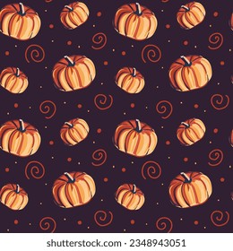Pumpkins seamless pattern. Violet background. Cozy autumn background. Vector. Perfect for creating autumn-themed designs, suitable for various projects like textiles, paper crafts, and more