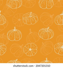 Pumpkins seamless pattern,Halloween wallpaper.Hand-drawn Thanksgiving gourds endless background with vegetarian food,proper nutrition,healthy diet.Line art.Vector illustration
