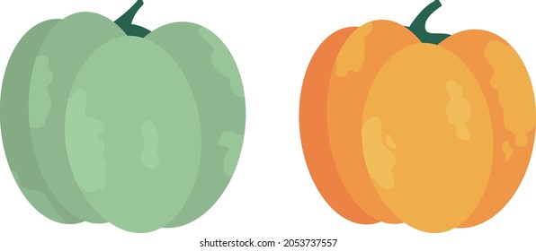 Pumpkins semi flat color vector object set. Fall crop for halloween. Full size item on white. Autumnal harvest isolated modern cartoon style illustration for graphic design and animation pack
