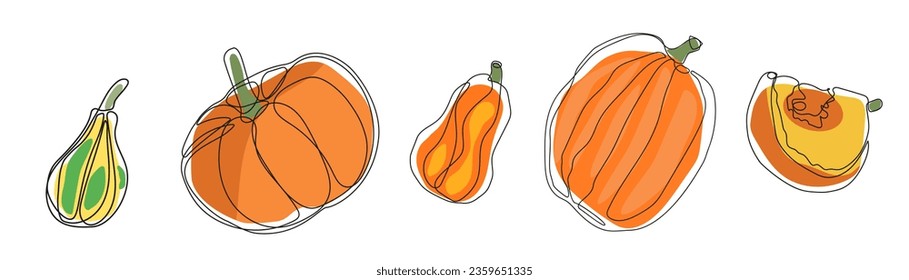 Kürbis setzen Kunst. Herbst Kürbislinie Kunstwerk.