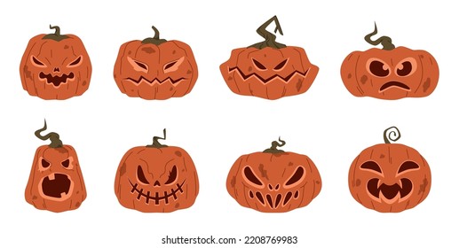 Pumpkins set. Flat cartoon vector illustration on isolated white background