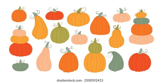 Pumpkins set. Harvest festival. Big collection of various pumpkins. Flat style illustration of vegetables isolated on white background.