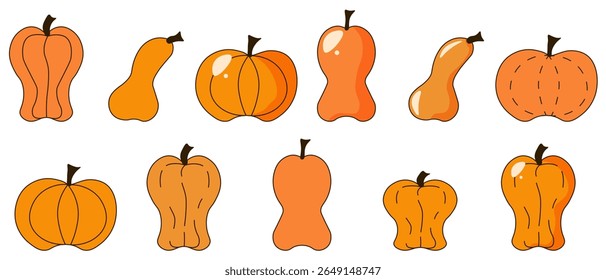 Pumpkins set isolated transparent background. Vector illustration of big collection of Autumn Pumpkin in simple flat style. Perfect Autumn element template design. EPS 10