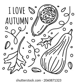 Pumpkins set with leaves in black color isolated on a white background for autumn or thanksgiving cards, t-shirt design, web banner, coloring page. Vector illustration